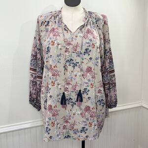 Cato Peasant Sleeve Tunic Top Tassel Patchwork Floral Ruffle Neck Boho Cottage